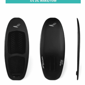 4'4 21L Wake/Tow foil board with sleek black design, ideal for wakeboarding and towing, perfect for experienced riders seeking performance and stability on the water.