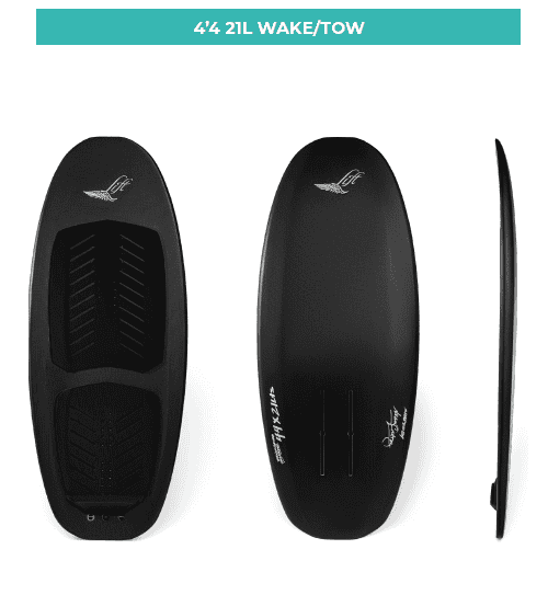 Capture d'écran 2025-02-24 163931 4'4 21L Wake/Tow foil board with sleek black design, ideal for wakeboarding and towing, perfect for experienced riders seeking performance and stability on the water.